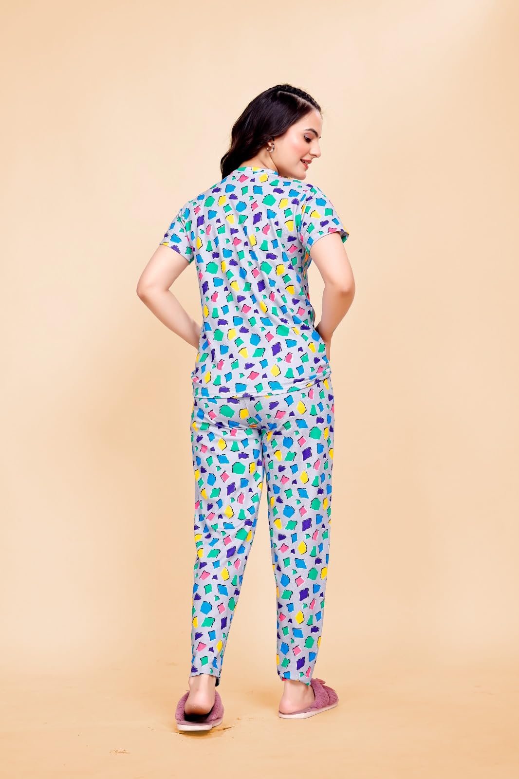 M-SIS Women's Colorful Print Cotton Nightwear Pajama Set, Short Sleeve Top with Full Length Pants, Loungewear with Pockets (Multicolor, XL) - Image 2