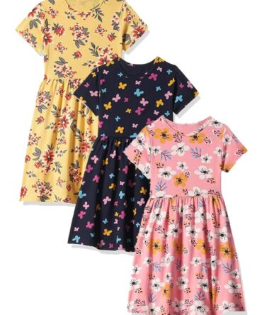 T2F Girl's Cotton A-Line Knee-Length Casual Dress (DRZ3P04_Yellow+Pink+Navy