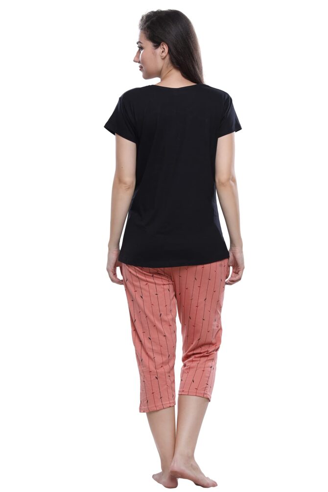 DZZO Cotton Night Suit for Women Girls | Women's Cotton Black T-Shirt & Striped Capri Set Pyjama Set Night Suit Sleepwear Nightwear Nightdress Loungewear for Women and Girls (Small, Black) - Image 5