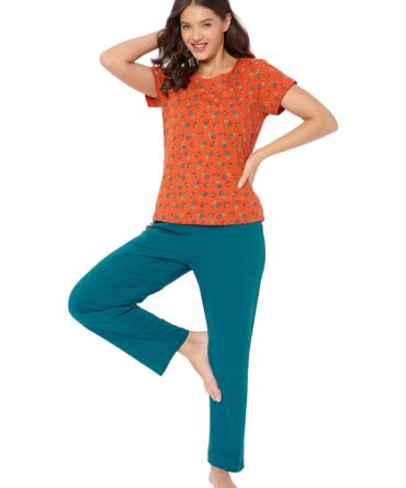 Clovia Women's Cotton Printed T-shirt & Pyjama Set (LS0039P16_Orange_L)