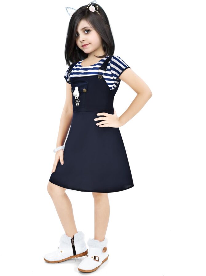 NAIVETY my fashion is mine Cotton Blend Casual Short Sleeve Mini Fit and Flare Dress for Girls Kids (Navy-Blue 5-6 Years) - Image 2