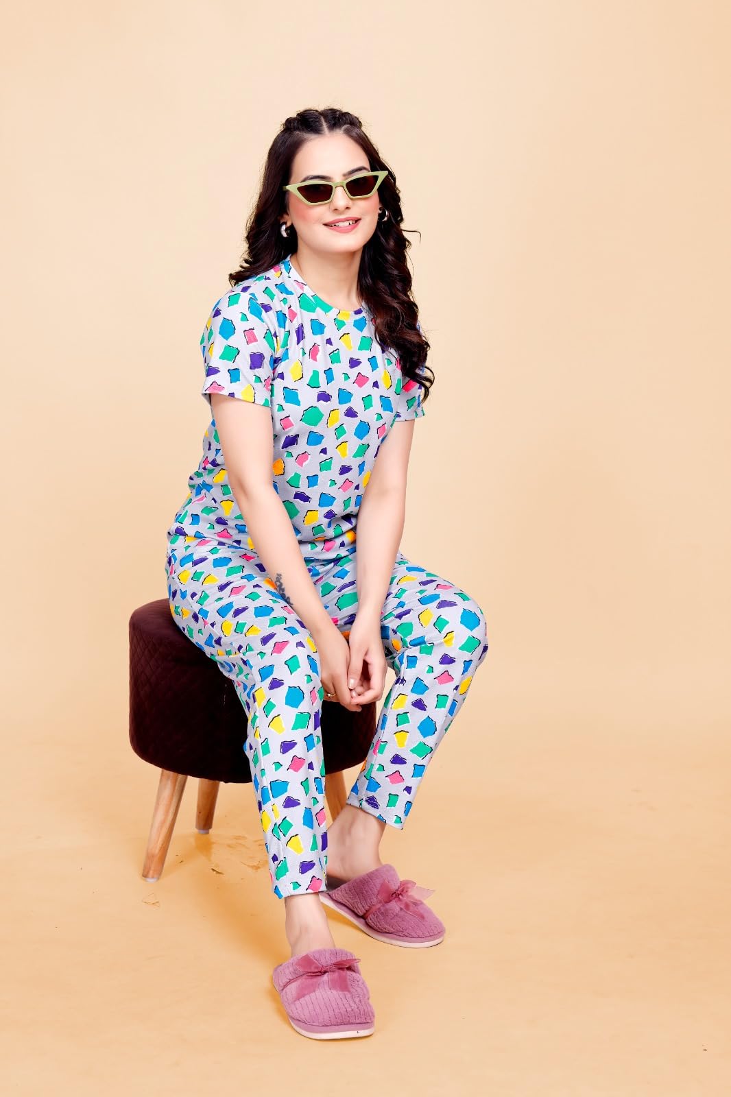 M-SIS Women's Colorful Print Cotton Nightwear Pajama Set, Short Sleeve Top with Full Length Pants, Loungewear with Pockets (Multicolor, XL) - Image 3