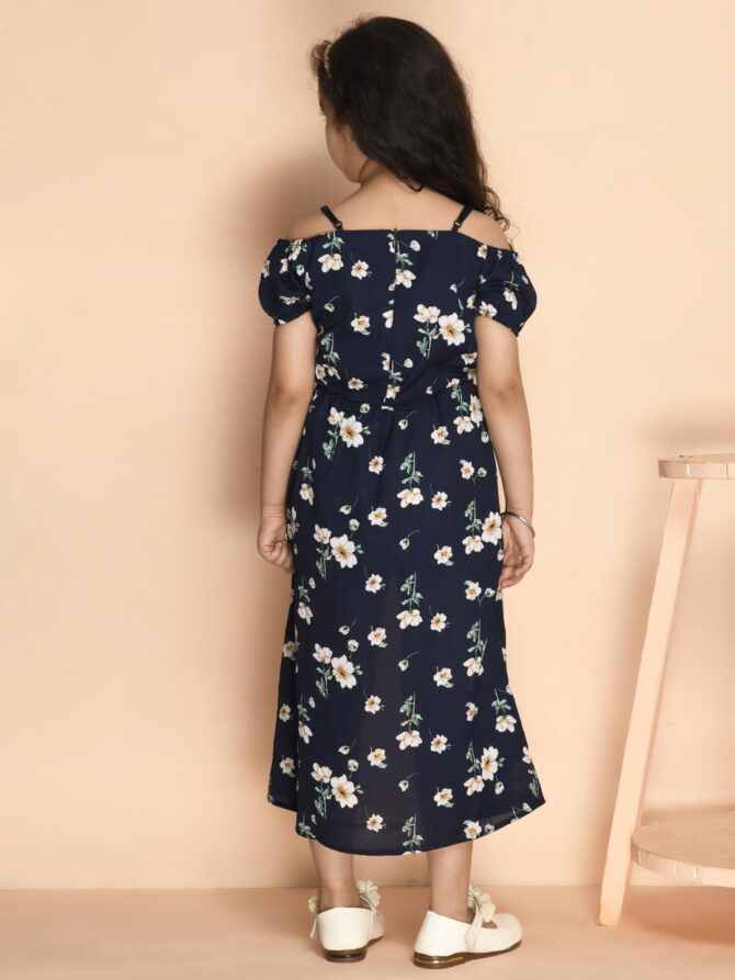 Kids Cave Half Cold Shoulder Sleeve Floral Print Mock Flared Dress Styled Jumpsuit for Girls-Navy Blue_Size-3-4 to 11-12 Years - Image 5
