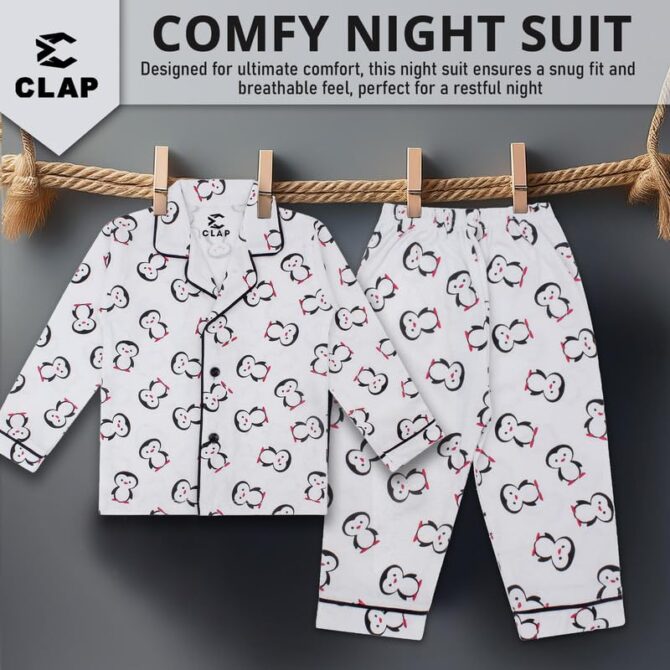CLAP Unisex Baby Kids Cotton Printed Full Sleeves Night Suit White 1Pc (18-24 Months, White, Relaxed) - Image 7