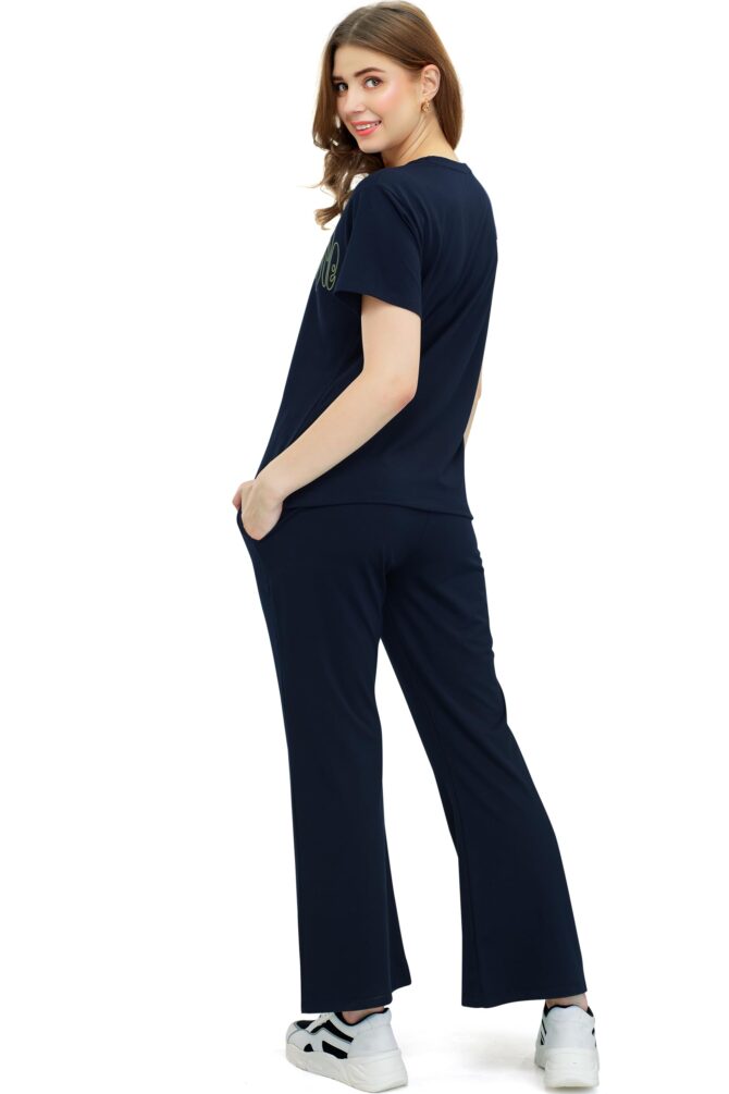 ZEYO Women's Cotton Navy Blue Typography Wide Bottom Night Suit Set of Top & Pyjama - Image 5