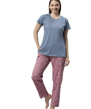 DZZO Women's Cotton Printed Night Suit Set of Shirt & Pyjama, Night wear Dress, Relaxed wear for Women/Girls, Size - S, Color - Blue