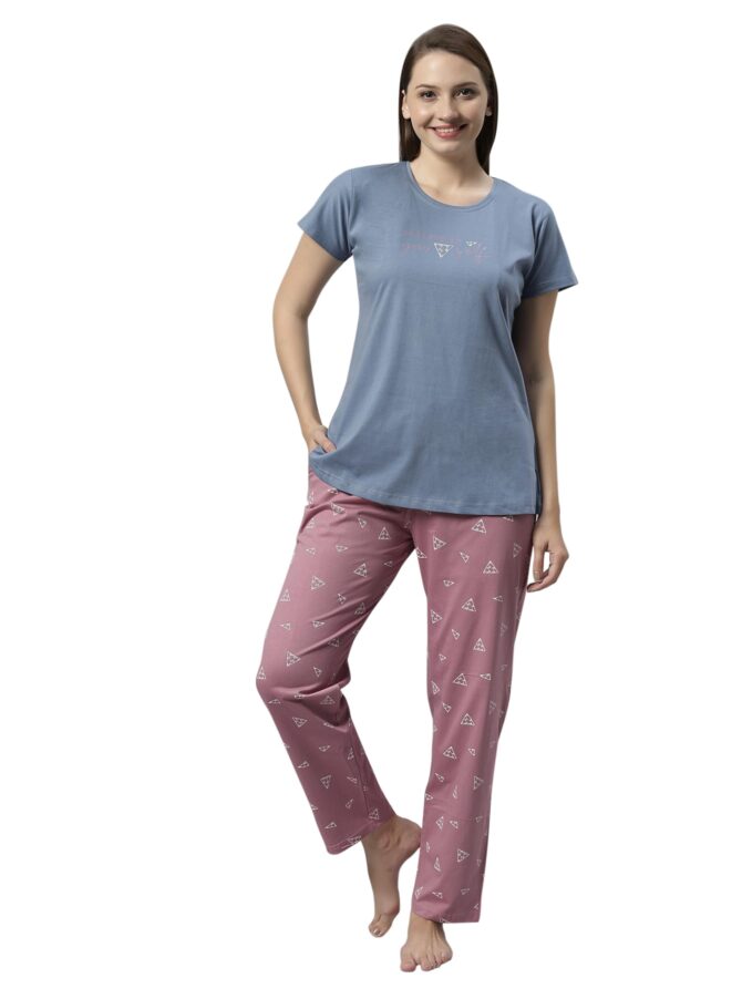 DZZO Women's Cotton Printed Night Suit Set of Shirt & Pyjama, Night wear Dress, Relaxed wear for Women/Girls, Size - S, Color - Blue