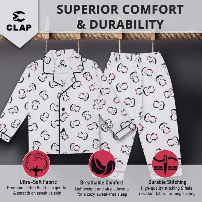 CLAP Unisex Baby Kids Cotton Printed Full Sleeves Night Suit White 1Pc (18-24 Months, White, Relaxed) - Image 4