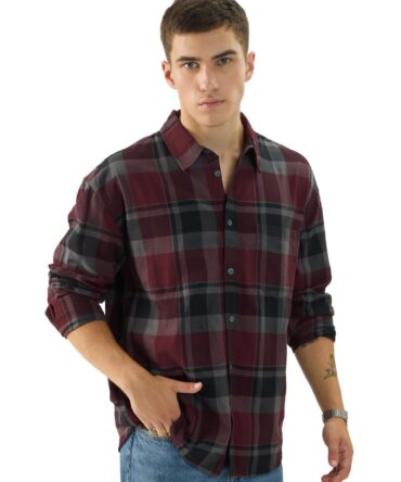 The Souled Store Plaid: Red/Grey Long Sleeve Collared Neck Button Down Cotton Relaxed Fit Shirts for Men and Boys - Classic and Comfortable Everyday Wear