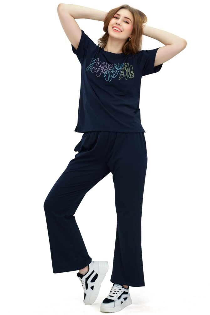 ZEYO Women's Cotton Navy Blue Typography Wide Bottom Night Suit Set of Top & Pyjama - Image 4