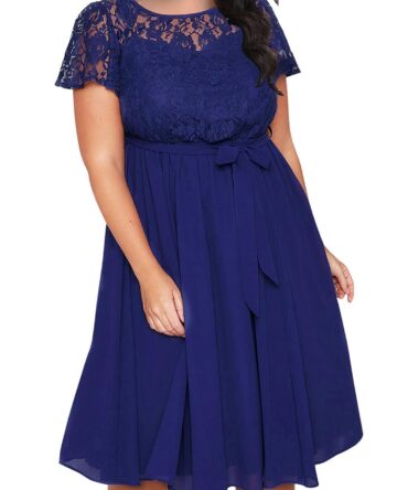 Nemidor Women's Scooped Neckline Floral Lace Top Plus Size Cocktail Party Midi Dress (14W, Blue)