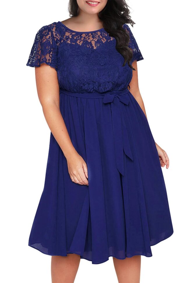 Nemidor Women's Scooped Neckline Floral Lace Top Plus Size Cocktail Party Midi Dress (14W, Blue)