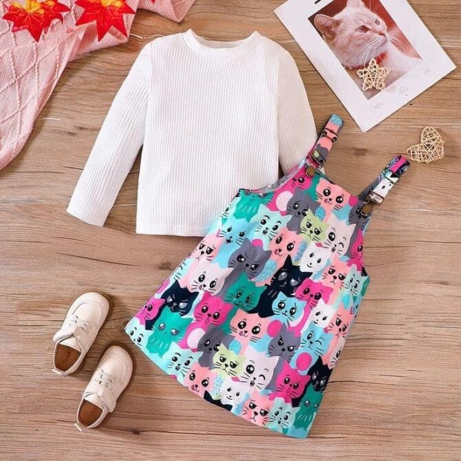 ER Life Style Cotton Blend Meow Printed Girls Knee Length Casual Bodycon Party Dress (in, Age, 6 Years, 7 Years, Pink_White) - Image 4