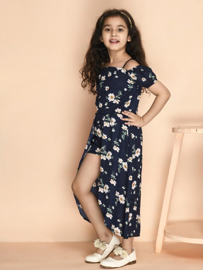 Kids Cave Half Cold Shoulder Sleeve Floral Print Mock Flared Dress Styled Jumpsuit for Girls-Navy Blue_Size-3-4 to 11-12 Years - Image 3