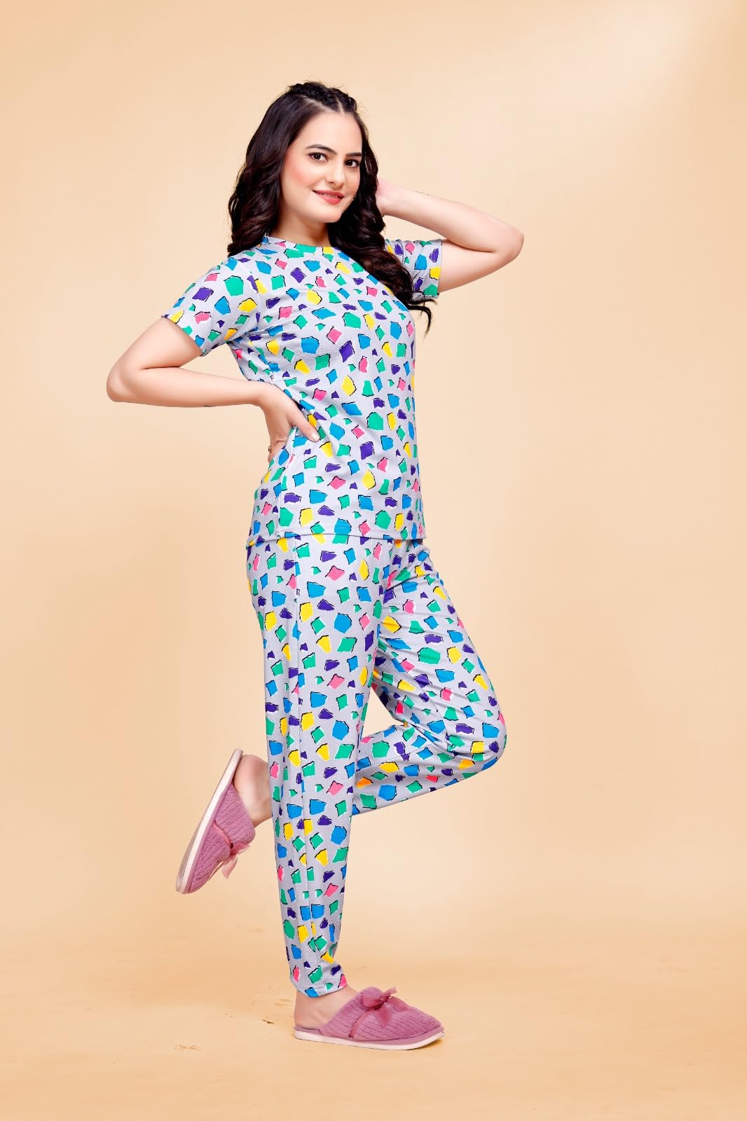 M-SIS Women's Colorful Print Cotton Nightwear Pajama Set, Short Sleeve Top with Full Length Pants, Loungewear with Pockets (Multicolor, XL) - Image 4