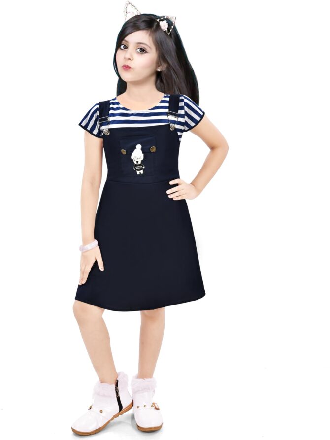 NAIVETY my fashion is mine Cotton Blend Casual Short Sleeve Mini Fit and Flare Dress for Girls Kids (Navy-Blue 5-6 Years)