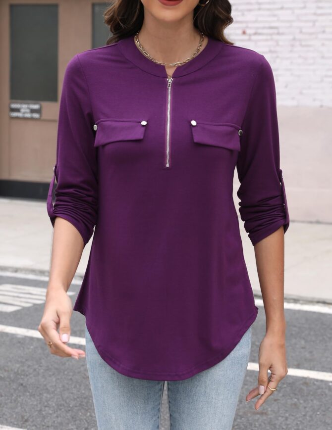 Work Clothes for Women Casual Office V Neck Collared Dress Shirts Tops Purple L - Image 2