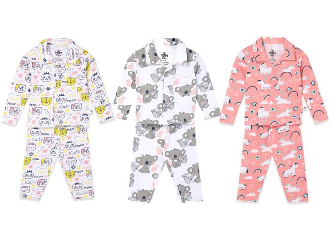 The Mom Store Kids/Baby Pajama Set Combo | Cotton | Nightwear | Comfortable | for Boys and Girls | Fruity Cutie, My Smoothie & Sweet Like a Doughnut, Multi | 7-8Y