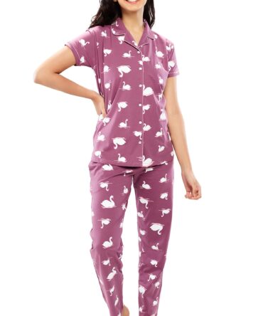 ZEYO Women's Cotton Swan Printed Dark Mauve Stylish Night Suit Pajama Set of Shirt & Pyjama 5611