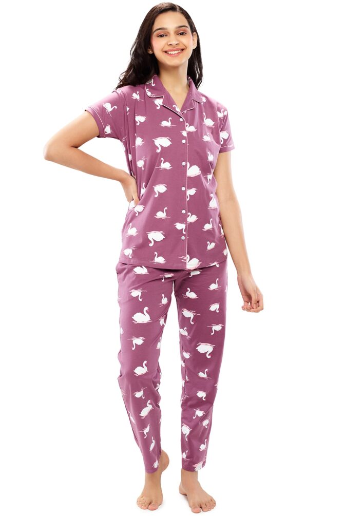 ZEYO Women's Cotton Swan Printed Dark Mauve Stylish Night Suit Pajama Set of Shirt & Pyjama 5611