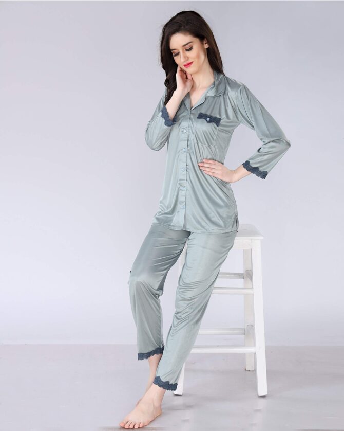 AV2 Women's Satin Solid Pajama Set (Grey_Large) - Image 2
