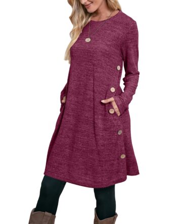 OFEEFAN Women's Cold Shoulder Tunic Top T-Shirt Swing Dress Pockets, Gu- Deep Rose Purple, L