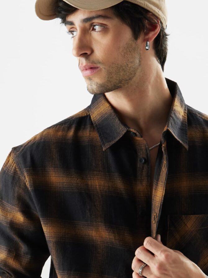 The Souled Store Plaid: Brown Mustard and Black Men Relaxed Shirts - Image 3