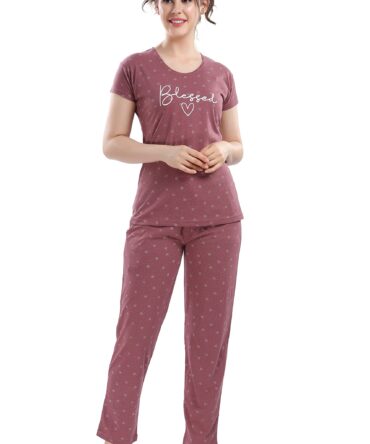DZZO New Women's Cotton Printed Night Suit Pajama Set (Dz-Ns-2040_Red_S)