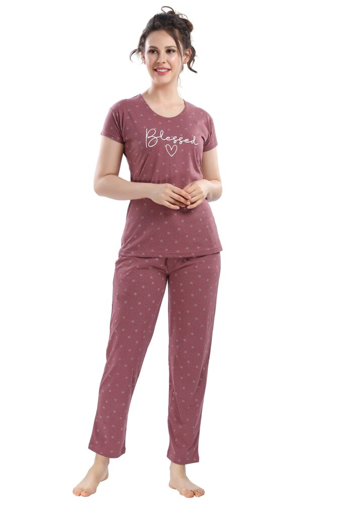 DZZO New Women's Cotton Printed Night Suit Pajama Set (Dz-Ns-2040_Red_S)
