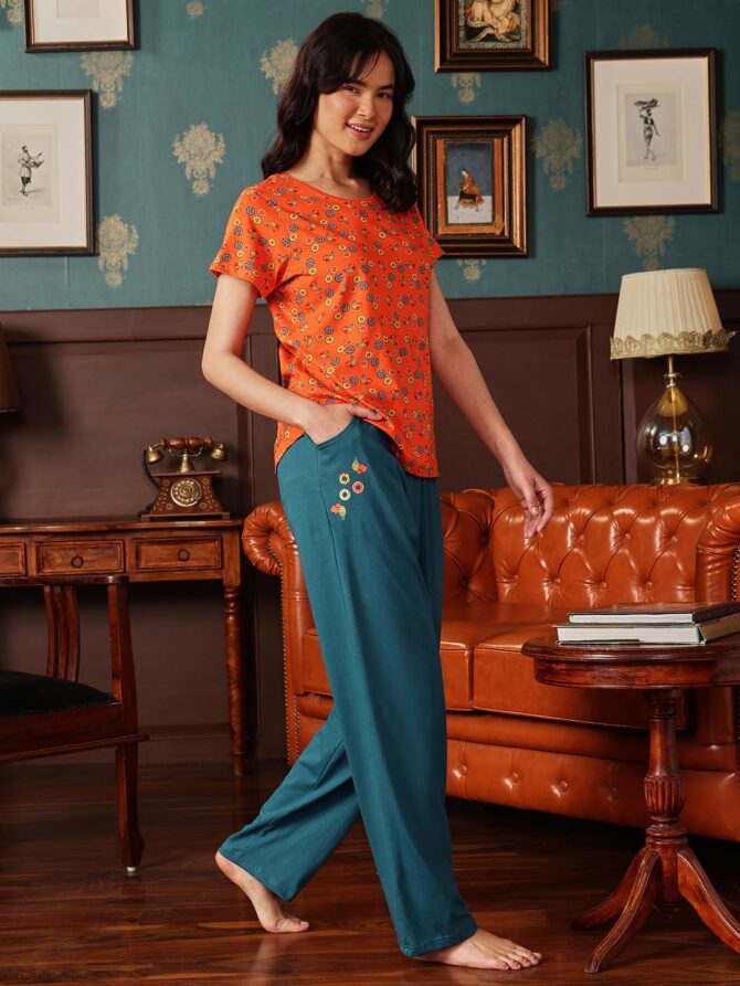 Clovia Women's Cotton Printed T-shirt & Pyjama Set (LS0039P16_Orange_L) - Image 6