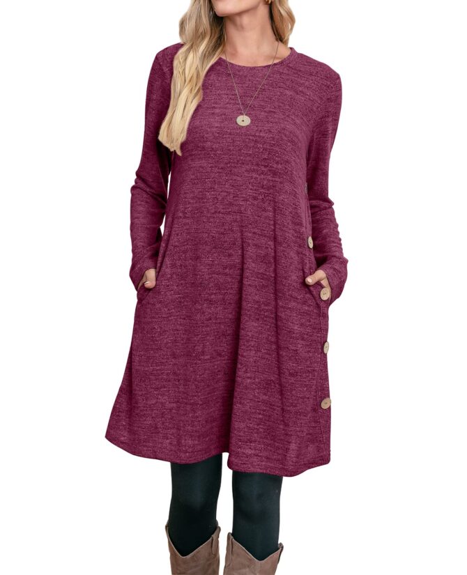 OFEEFAN Women's Cold Shoulder Tunic Top T-Shirt Swing Dress Pockets, Gu- Deep Rose Purple, L - Image 5