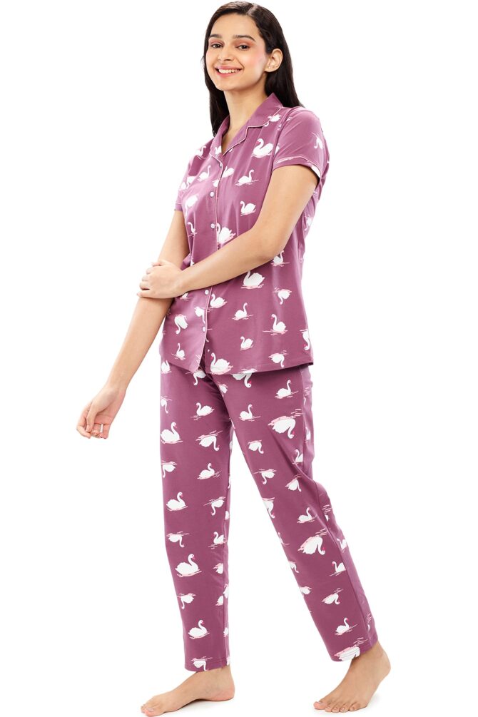 ZEYO Women's Cotton Swan Printed Dark Mauve Stylish Night Suit Pajama Set of Shirt & Pyjama 5611 - Image 4