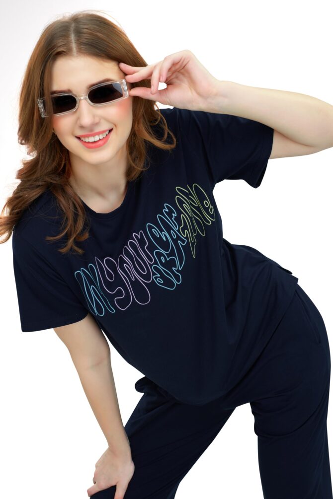 ZEYO Women's Cotton Navy Blue Typography Wide Bottom Night Suit Set of Top & Pyjama - Image 8