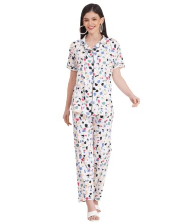 Tulzott Women's Pure Cotton Top & Pyjama Set - Printed Nightwear and Loungewear, Comfortable Night Suit for Sleep and Relaxation Brown