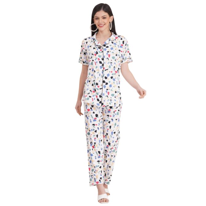 Tulzott Women's Pure Cotton Top & Pyjama Set - Printed Nightwear and Loungewear, Comfortable Night Suit for Sleep and Relaxation Brown