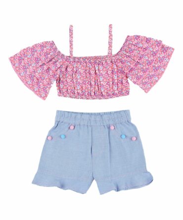 nauti nati Girls Printed Polyester Dress Set| Sleeveless Dress | Top And Shorts Set, 12-18 Months, Pink