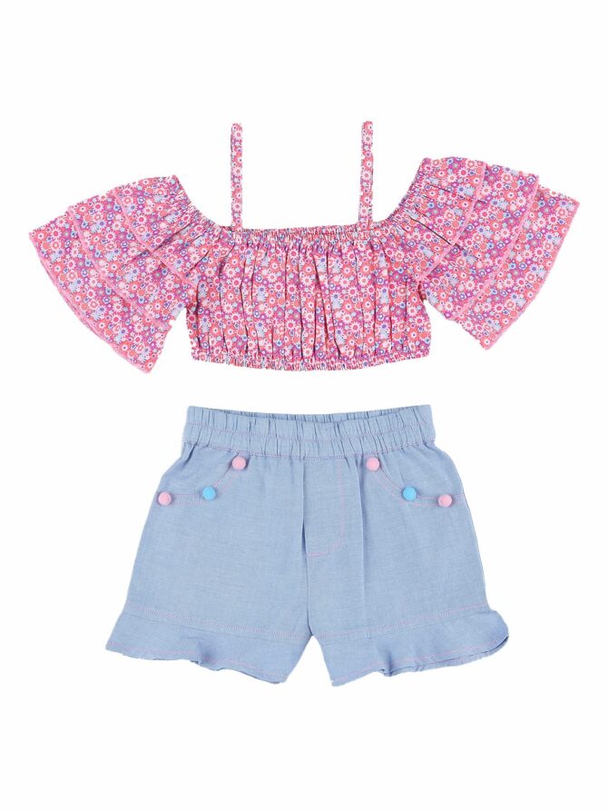nauti nati Girls Printed Polyester Dress Set| Sleeveless Dress | Top And Shorts Set, 12-18 Months, Pink