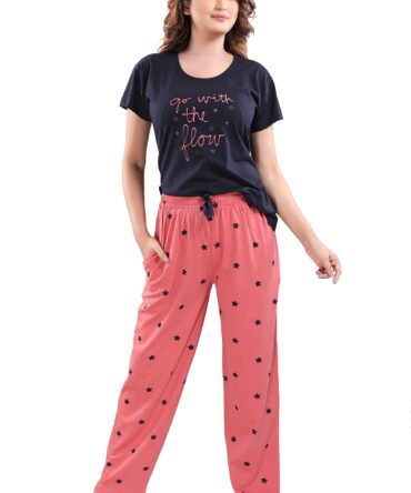 DZZO New Cotton Night Suit for Women Girls | Women's Cotton Printed Night Suit Set Pyjama Set Sleepwear Nightwear Nightdress Loungewear (XXX-Large) Navy Blue