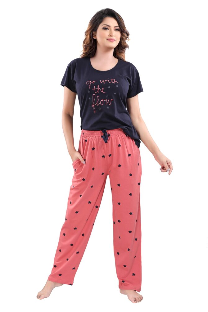 DZZO New Cotton Night Suit for Women Girls | Women's Cotton Printed Night Suit Set Pyjama Set Sleepwear Nightwear Nightdress Loungewear (XXX-Large) Navy Blue