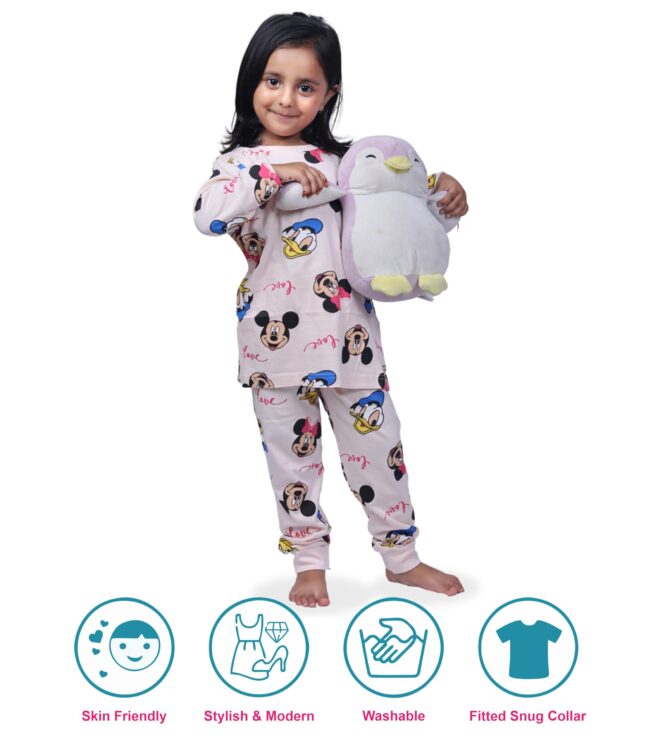 Hestia|Kids Girls Nightwear|Sleepwear|Cotton|Trouser Full Sleeves Pajama Set Tshirt|Elastic Waist|Night Dress With Pyjama Tshirts For Girls|Mickeyy Minniee Printed|Peach Color 2-4Yrs|Set 1,2 -4 Years - Image 7