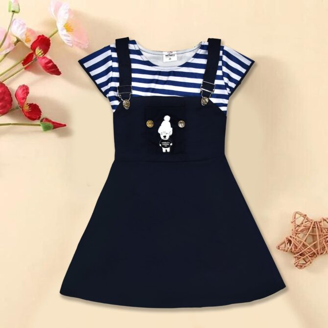 NAIVETY my fashion is mine Cotton Blend Casual Short Sleeve Mini Fit and Flare Dress for Girls Kids (Navy-Blue 5-6 Years) - Image 3