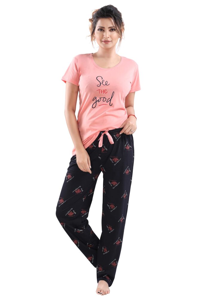 DZZO Cotton Night Suit for Women Girls | Cotton Printed Night Suit Set Pyjama Set Sleepwear Nightwear Nightdress Loungewear for Women (Large) Peach