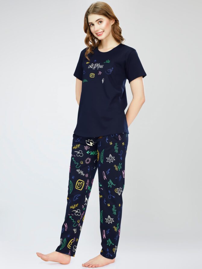ZEYO Night Suit for Women's Navy Blue Printed Cotton Night Dress of Top and Pajama Set 5774 - Image 5