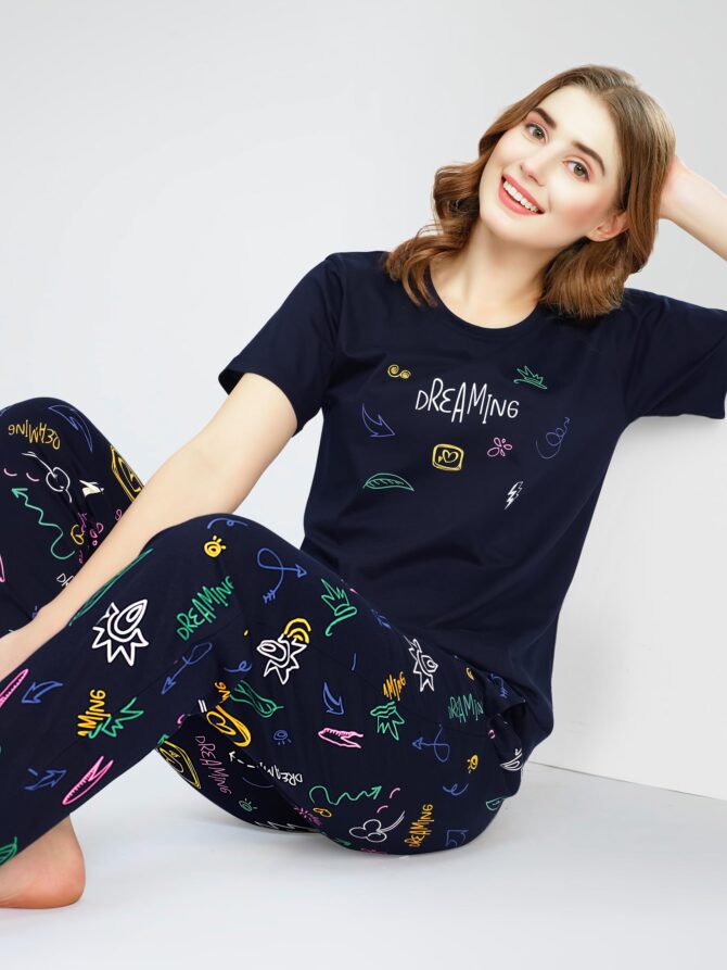ZEYO Night Suit for Women's Navy Blue Printed Cotton Night Dress of Top and Pajama Set 5774 - Image 6