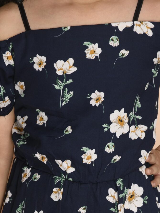 Kids Cave Half Cold Shoulder Sleeve Floral Print Mock Flared Dress Styled Jumpsuit for Girls-Navy Blue_Size-3-4 to 11-12 Years - Image 2
