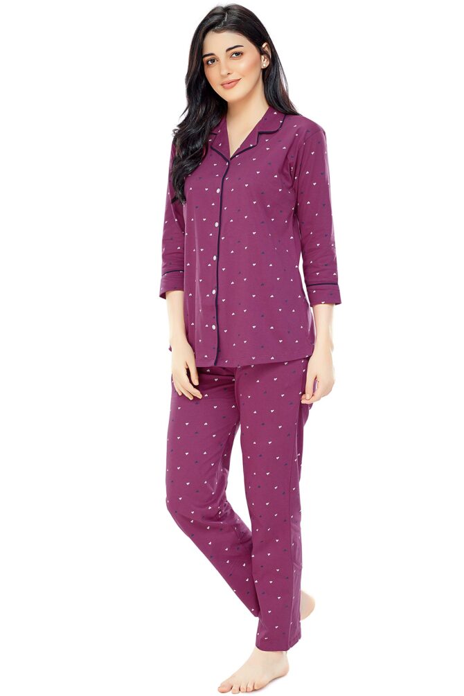 ZEYO Women's Cotton Heart Printed Wine Night Suit Shirt & Pajama Set 5276 (Medium) - Image 5