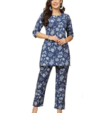 Pistaa's Women's Cotton Printed Night Suit Top And Pajama Set (Medium, Indigo Blue)