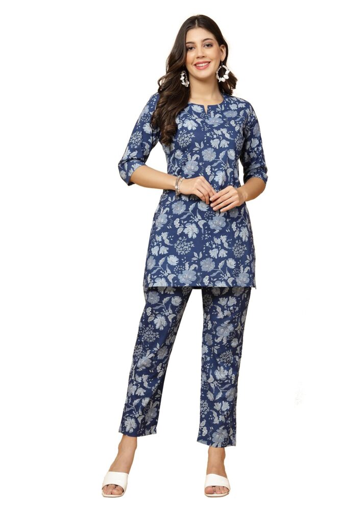Pistaa's Women's Cotton Printed Night Suit Top And Pajama Set (Medium, Indigo Blue)