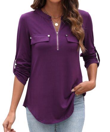 Work Clothes for Women Casual Office V Neck Collared Dress Shirts Tops Purple L