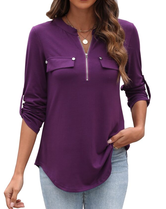 Work Clothes for Women Casual Office V Neck Collared Dress Shirts Tops Purple L